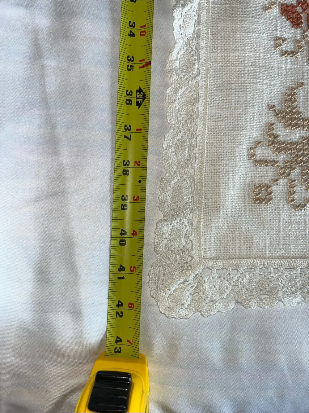Hand-Embroidered Cream Linen Table Runner with Rust Floral Accents 17” x42”
